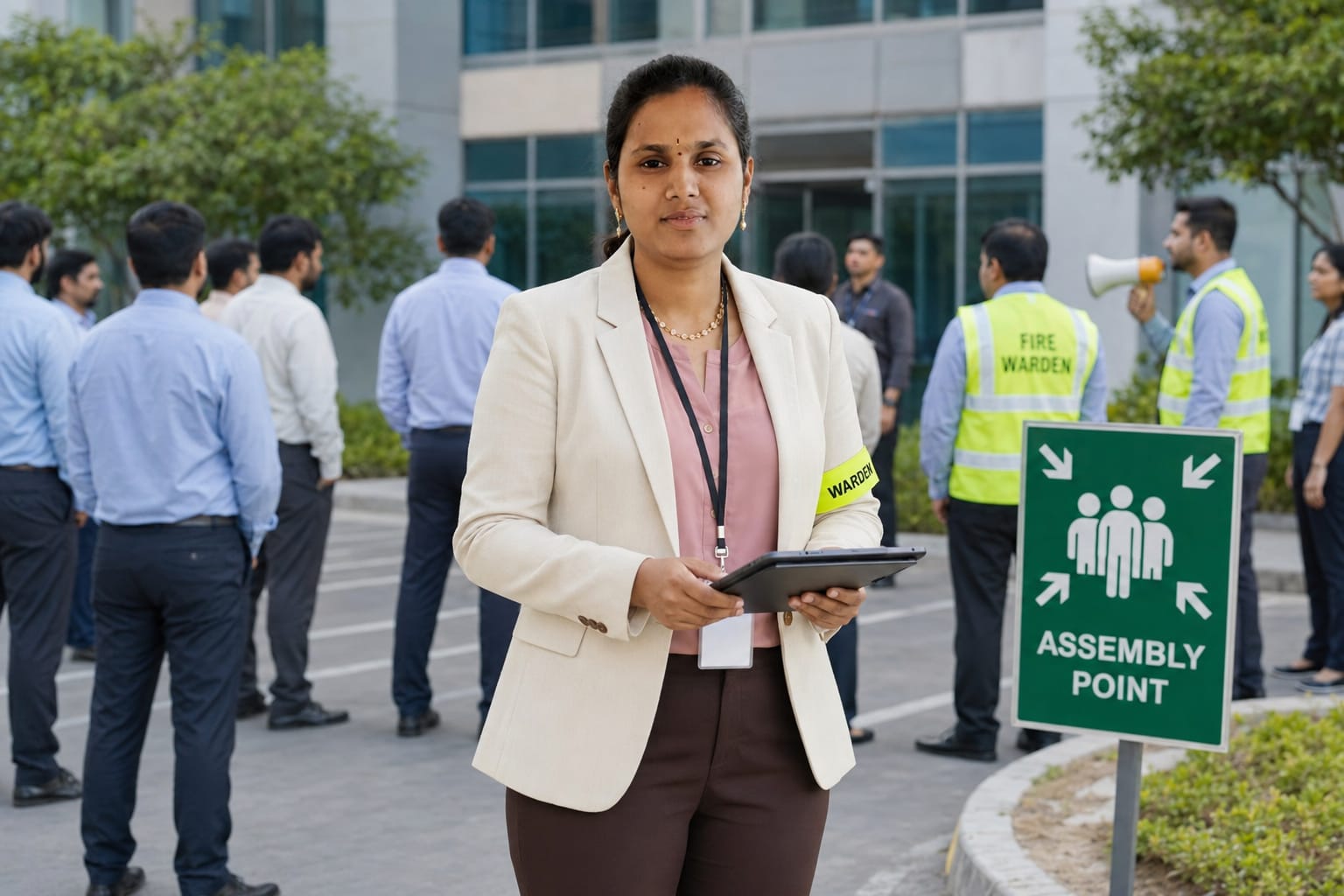 Vennela leading a fire-warden assembly point drill outside the building