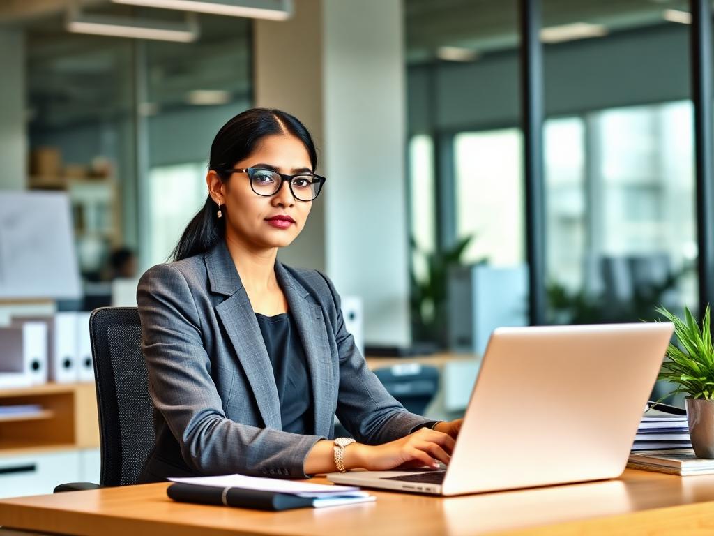 Administrator working at an organized office desk