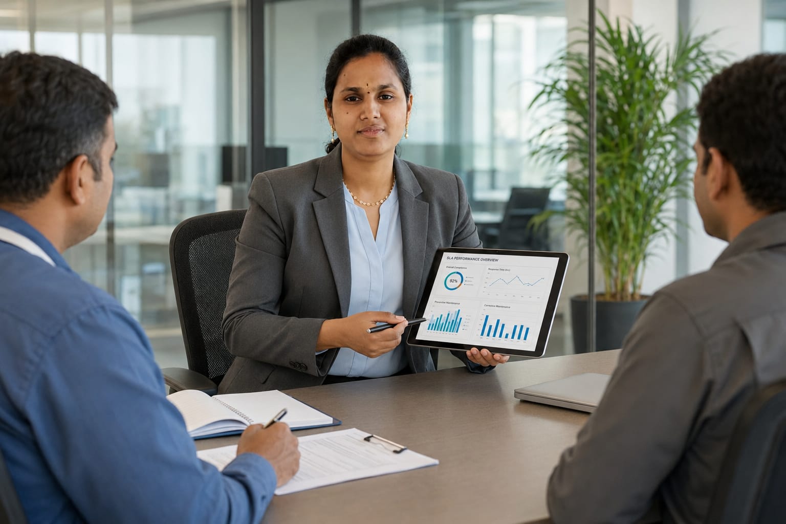 Vennela presenting an SLA performance dashboard to clients
