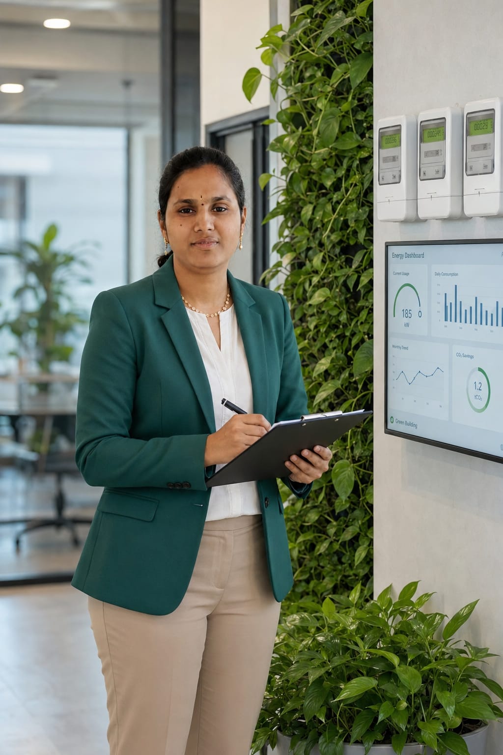 Vennela reviewing an energy dashboard beside a green wall