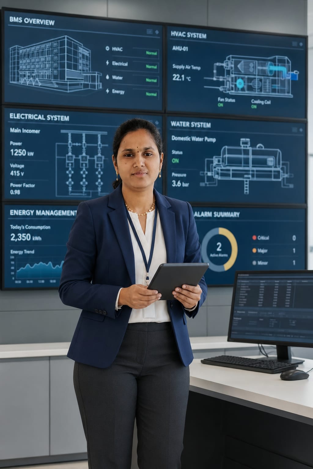 Vennela in a facility BMS control room with dashboards