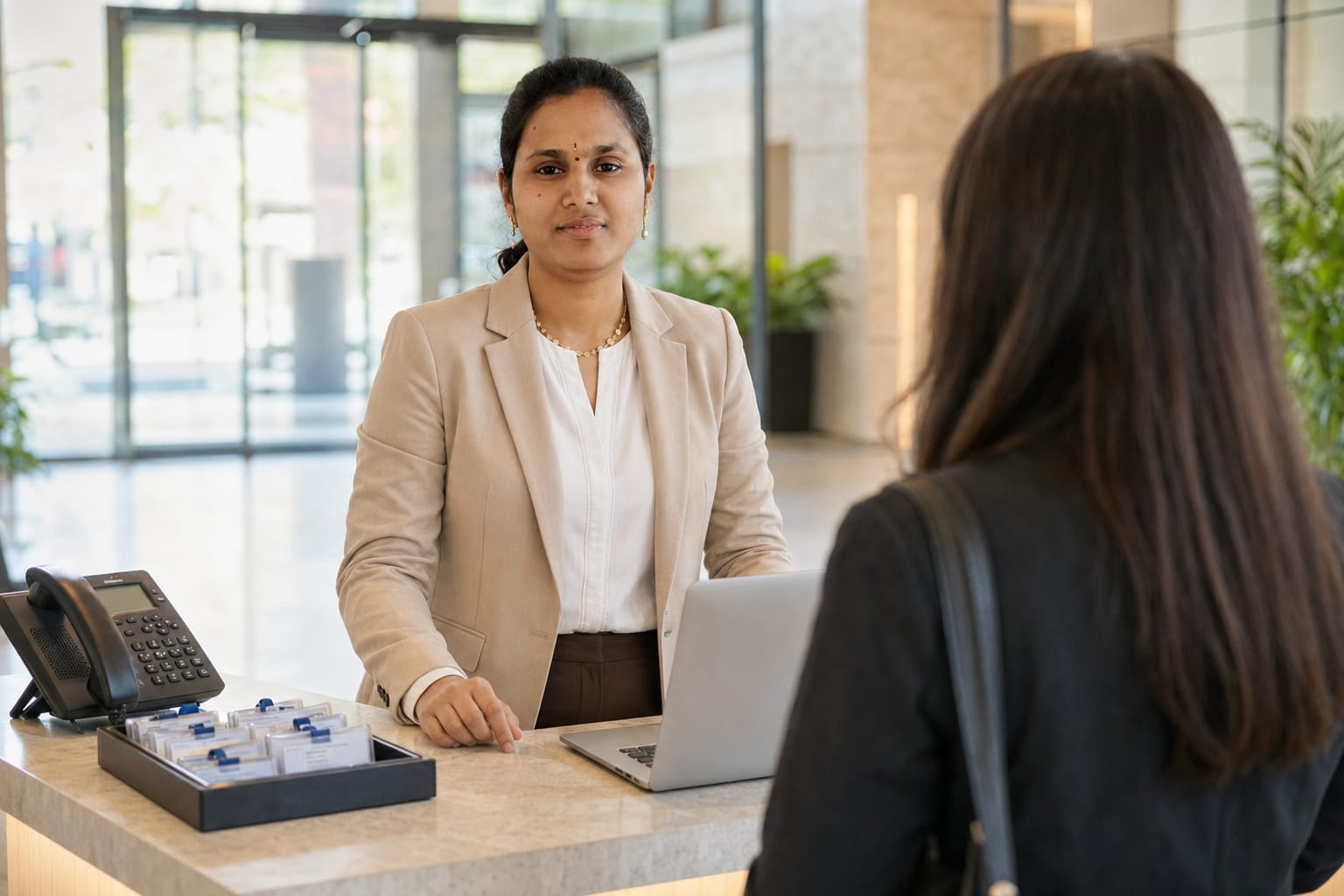 Vennela reviewing a compliance checklist with a colleague