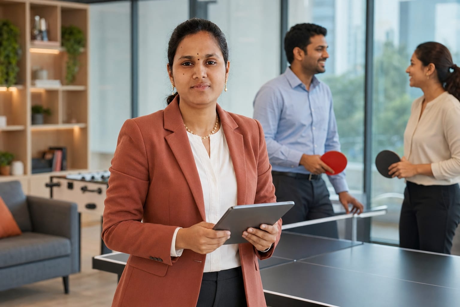 Vennela in the office breakout area with colleagues