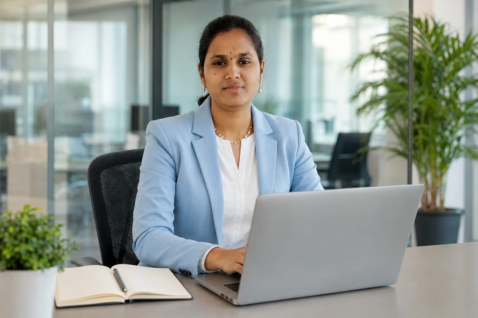 Vennela Nagilla in a light blue blazer at her workstation