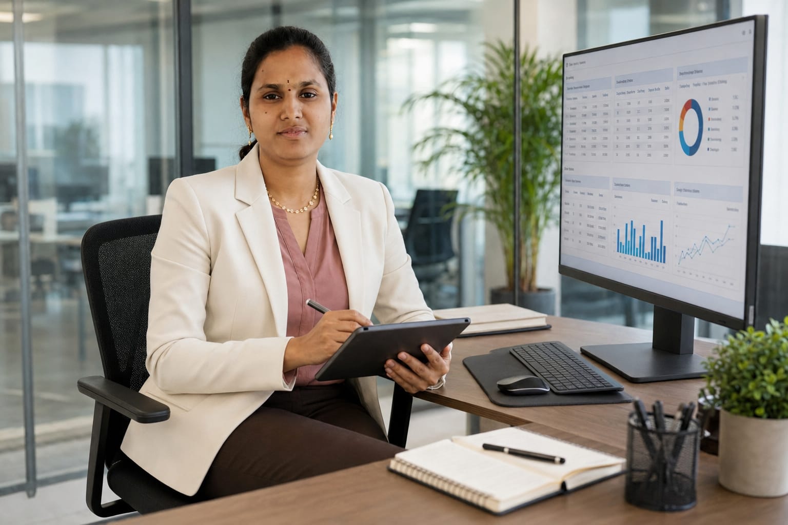 Vennela working with an analytics dashboard on a large monitor