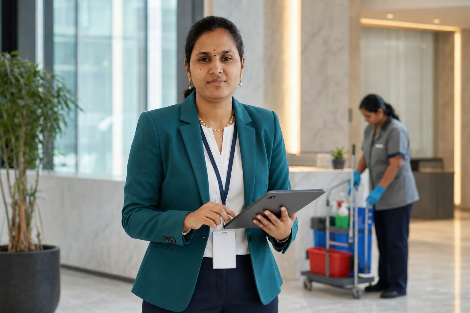 Vennela at a lobby reception desk with a laptop